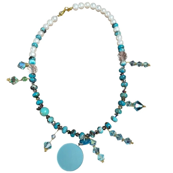 Handcrafted Turquoise Freshwater Pearls Blue Crystal Dangle Necklace - Picture 2 of 2